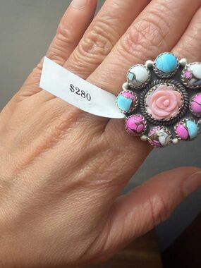 Floral Cotton Candy Cluster Turquoise Sterling Silver Statement Ring size 5-9